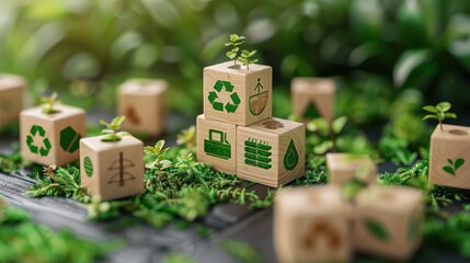 icon reduction of carbon emissions, carbon neutral, Net zero greenhouse gas emissions target, wooden cubes. circular economy concept