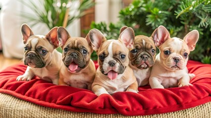 Group of happy french bulldog puppies