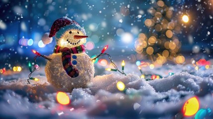 Snowman with a string of colorful Christmas lights draped around it, glowing against a snowy night sky