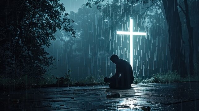 Man, god and rain with depressed for mercy with plead or cry for help with test of faith with glow cross. Mental health, doubt or loss with grief, hopeless and trouble with spiritual crisis outside.