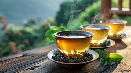 A tea set with a teapot, a glass, and a jar of herbs. The teapot is on a wooden tray with a cloth underneath it