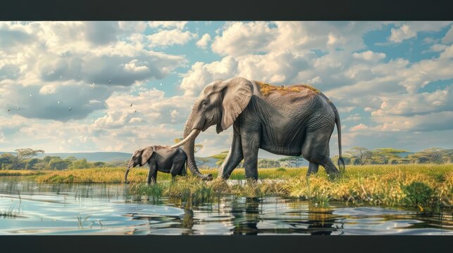 Mother elephant with her calf walking through a picturesque meadow by the water. tranquil wildlife scene in a serene setting. AI