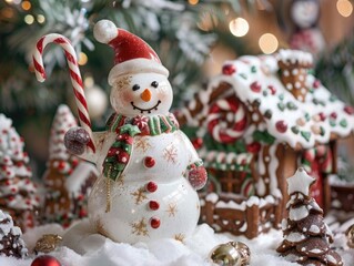 Snowman holding a candy cane, with a backdrop of a snow-covered gingerbread house decorated for Christmas