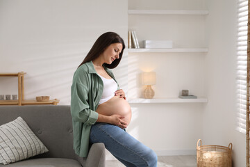 Fototapeta premium Beautiful pregnant woman sitting on sofa at home