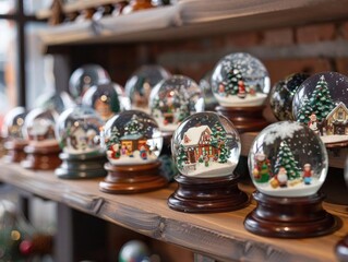 Fototapeta premium Snow globe collection displayed on a shelf, each globe depicting a different Christmas scene