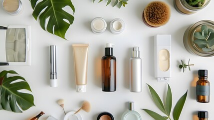 A camera focused on beauty products arranged symmetrically on a bright, white table