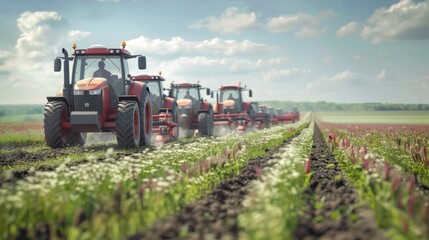 Row of tractors and agricultural machinery drives along the road, surrounded by cultivated fields. Agricultural workers go to protest rally against tax increases, changes in law, abolition of benefits