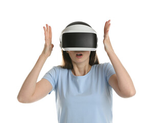 Surprised woman using virtual reality headset on white background