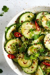 A bowl of cucumber salad with sesame seeds and chili peppers. The salad is colorful and appetizing, with the green cucumbers contrasting nicely with the red chili peppers and white sesame seeds