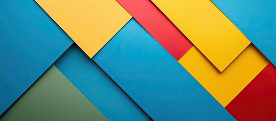 Vibrant geometric pattern flat lay composition with blue, yellow, red, and green hues on a banner background providing copy space image.