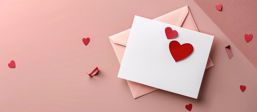 Mockup of a Valentine's Day greeting card template featuring a white card, pink envelope, and red heart on a pink background with copy space image.
