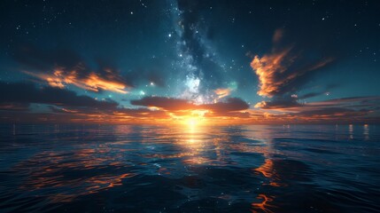 Two moons in the sky, milky way, reflection on water surface, fantasy landscape, minimalist design, space for text, wide angle lens, hyper realistic