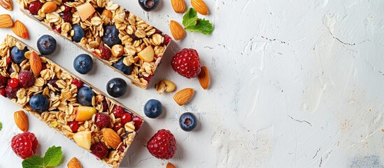 Various granola bars with fruits, nuts, and berries on a white stone backdrop, ideal for a pre or post workout snack. Features copy space and displayed from a top view.