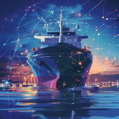 Obraz premium Digital Odyssey: Illustration of Data-Driven Container Ship Sailing Through Information Ocean with AI Robot at Helm