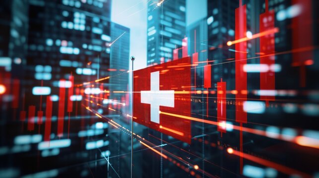 Switzerland flag and country's economy financial graphs. Swiss country, Switzerland global economic influence. Double exposure. Inflation, deflation, profit & loss, Business, banking, Investment.