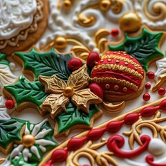 Detailed close-up of a Christmas cookie, with intricate icing designs and festive colors