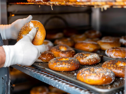 Baked Bagels. Chef pulls bagels baked from the hot oven. The process of making bagels.