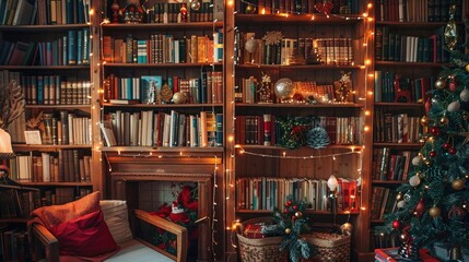 Christmas-themed bookshelf with holiday books, decorations, and twinkling lights, creating a festive reading nook