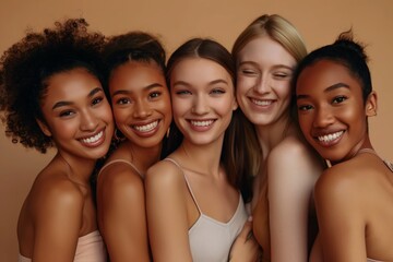 Fototapeta premium A diverse group of women smiling together in natural light, radiating happiness, confidence, and solidarity in their friendship and connection, showcasing the beauty of their bond and unity