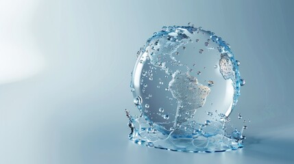 Water droplets forming the shape of continents on a globe, emphasizing the interconnectedness of water resources worldwide, Global water awareness concept