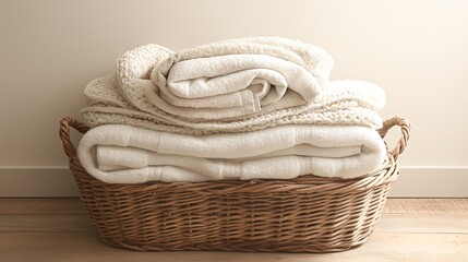 Obraz premium Cozy, folded blankets in a wicker basket on a wooden floor, creating a warm and inviting home decor scene.