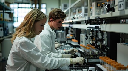 Obraz premium Engineers developing sustainable energy storage solutions in a state-of-the-art lab, focusing on batteries made from renewable resources.