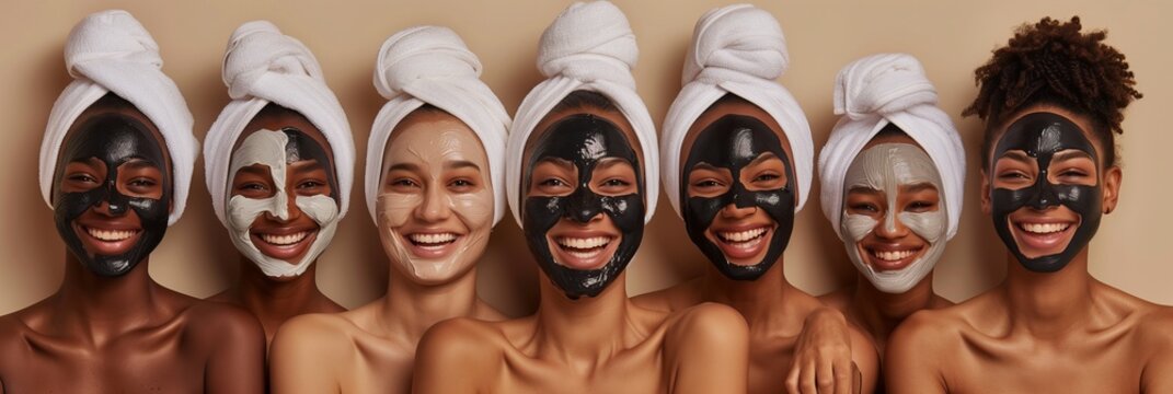 A diverse group of friends happily share pampering time, laughing and enjoying a skincare routine with face masks and towels. They bond over beauty and relaxation, celebrating friendship
