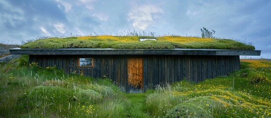 Wooden building with a green ecological sod roof adorned with sedum sexangulare, often called tasteless stonecrop, offers a natural vibe and ideal setting for a copy space image.