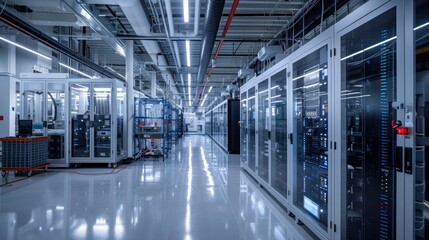 Obraz premium Engineers developing sustainable energy storage solutions in a state-of-the-art lab, focusing on batteries made from renewable resources.