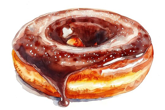 Watercolor painting of a delicious chocolate glazed donut with sprinkles. Perfect for bakery, food, and dessert themes.