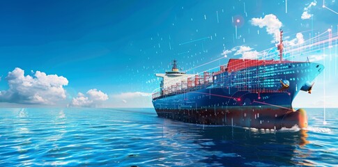 Digital Odyssey: Illustration of Data-Driven Container Ship Sailing Through Information Ocean with AI Robot at Helm
