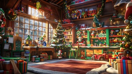 Santa's workshop interior, elves making toys, colorful workstations, shelves filled with gifts, bustling and cheerful environment