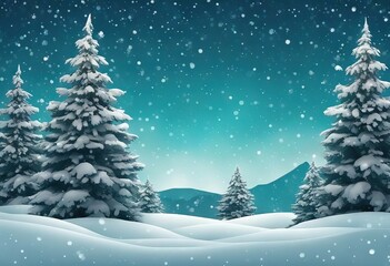 Obraz premium Night winter scene landscape background with snowy field and fir trees Paper 3d label with silver bow and ribbon on the teal background with falling snow Merry Christmas nature background Vector