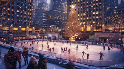 Ice-skating rink in a city square, people skating, large Christmas tree in the center, festive lights, buildings covered in snow, magical evening