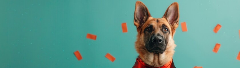 German Shepherd dog with a red scarf looking directly at the camera, with orange shapes in the background.