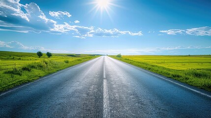 A bright, clear photograph of a long, straight road stretching into the horizon with vibrant green fields on either side and a blue sky filled with fluffy white clouds. - Powered by Adobe