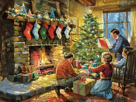 Family gathered around a fireplace, stockings hanging, Christmas tree sparkling, gifts being opened, expressions of joy and togetherness