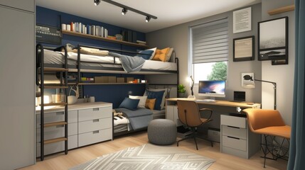 Well-designed teen room featuring a bunk bed and a study desk