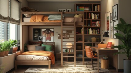 Well-designed teen room featuring a bunk bed and a study desk