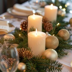 Close-up of Christmas candle centerpiece, glowing candles surrounded by pine branches and ornaments, elegant table setting