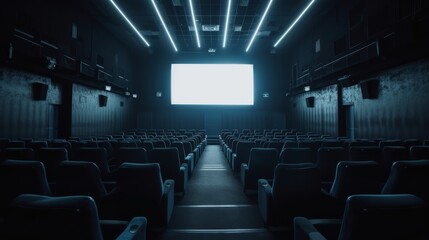 Fototapeta premium Interior of a dark movie theatre with rows of empty seats and a dimly lit screen