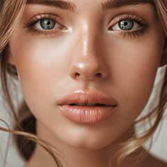 Fototapeta premium Beautiful lips and skin of a young girl, Beauty photography, advertising lipstick or clear skin.