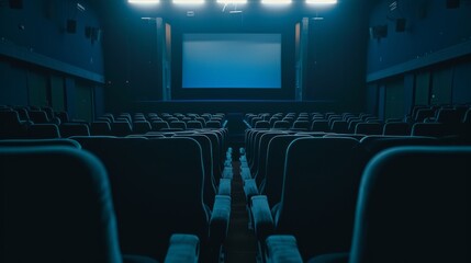 Interior of a dark movie theatre with rows of empty seats and a dimly lit screen