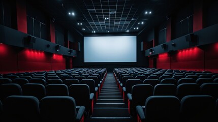 Obraz premium Interior of a dark movie theatre with rows of empty seats and a dimly lit screen