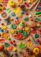 top view of autumn plasticine crafts, handmade, fall, yellow leaves, children's creativity, school handicraft lesson, kindergarten, table, wooden, tree, September, October, clay, nature, materials