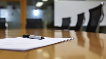 Paper and pen placed on a conference table in a meeting room