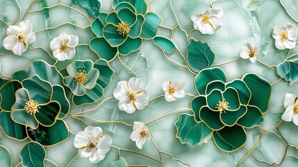 Elegant Green And White Floral Marble Pattern With Gold Outlines
