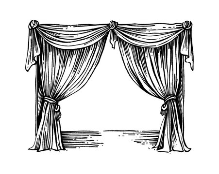 black and white draped curtains, vintage style clip art preview