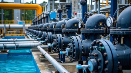 Industrial water pumps and pipes in a water treatment plant