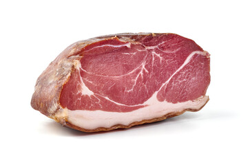 Delicious Serrano ham, cured jamon iberico, isolated on white background.